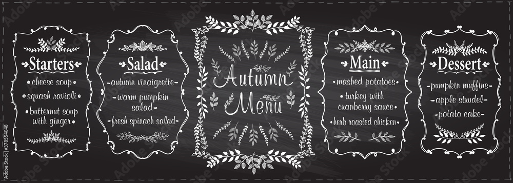 Autumn season chalk menu set - starters, salad, main and dessert Autumn season chalk menu set - starters, salad, main and dessert