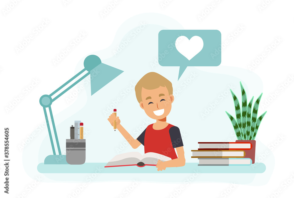 Happy Boy studying with a book at home. Vector illustration of flat cartoon character. Happy Boy studying with a book at home. Vector illustration of flat cartoon character.