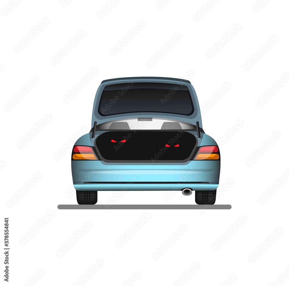eyes on open trunk car symbol for people across border illegal activity or rat pest on vehicle concept in cartoon illustration vector on white background