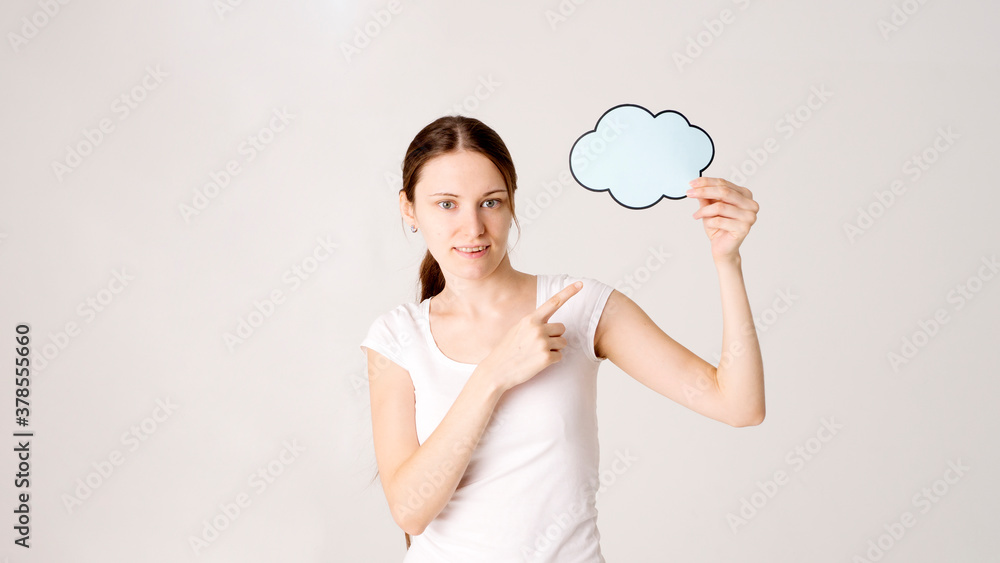 mid adult woman holding blank speech bubble on white background. Horizontal shape, front view, waist up, copy space mid adult woman holding blank speech bubble on white background. Horizontal shape, front view, waist up, copy space