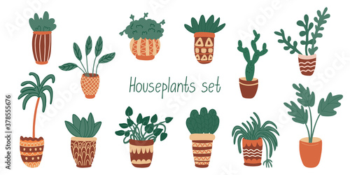 Houseplant set. Vector illustration potted plants isolated on white background. Flat hand drawn style with lines. Natural earthy colors.