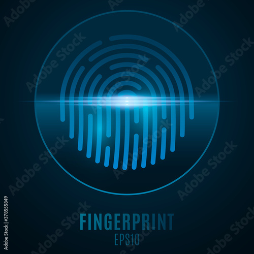 Fingerprint for computer system security with neon scan. Futuristic blue padlock button. Laser scanning for touch screen device. Computer circuit board. Vector illustration.