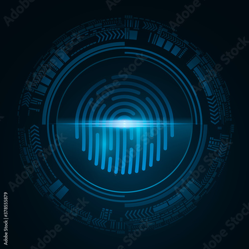 Fingerprint for computer system security with neon scan. Futuristic blue padlock button with HUD interface. Laser scanning for touch screen device. Vector illustration.