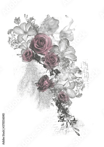 Rose flower design with desaturated flowers behind pink roses