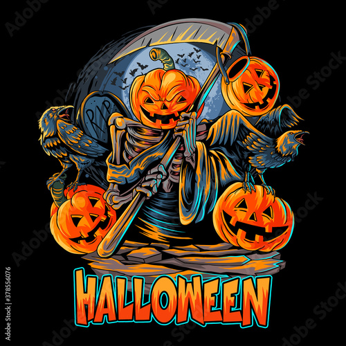 angel of death halloween pumpkin head with crow looks scary