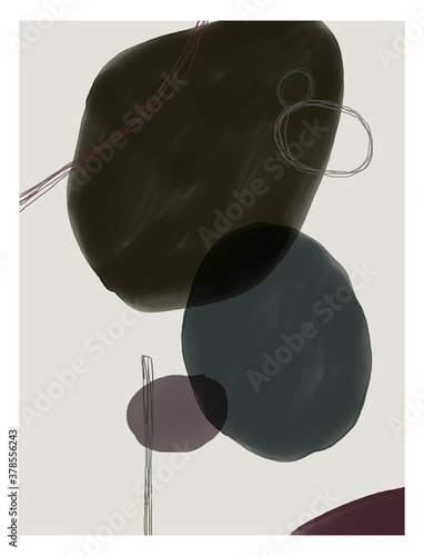 Abstract design with doodles and watercolor various shapes. Modern nordic art isolated graphic. Creative minimalist geometric frames hand painted for wall decoration, postcard, brochure design.
