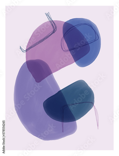 Abstract design with doodles and watercolor various shapes. Modern nordic art isolated graphic. Creative minimalist geometric frames hand painted for wall decoration, postcard, brochure design.