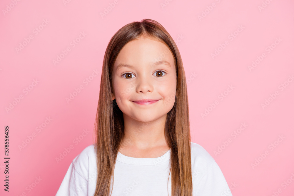 Close-up portrait of her she nice-looking attractive lovely cheerful small little long-haired girl health care healthcare youth generation isolated over pink pastel color background Close-up portrait of her she nice-looking attractive lovely cheerful small little long-haired girl health care healthcare youth generation isolated over pink pastel color background
