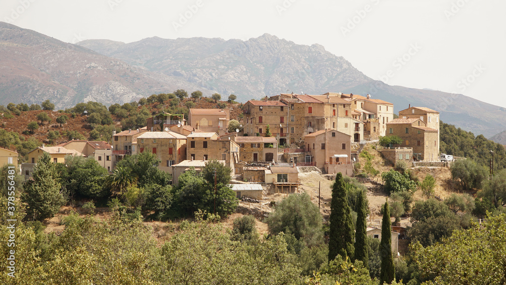 Borgo village set on top of a hill in the countryside of the Palasca region of Corsica Island, France.