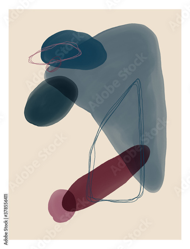 Abstract design with doodles and watercolor various shapes. Modern nordic art isolated graphic. Creative minimalist geometric frames hand painted for wall decoration, postcard, brochure design.