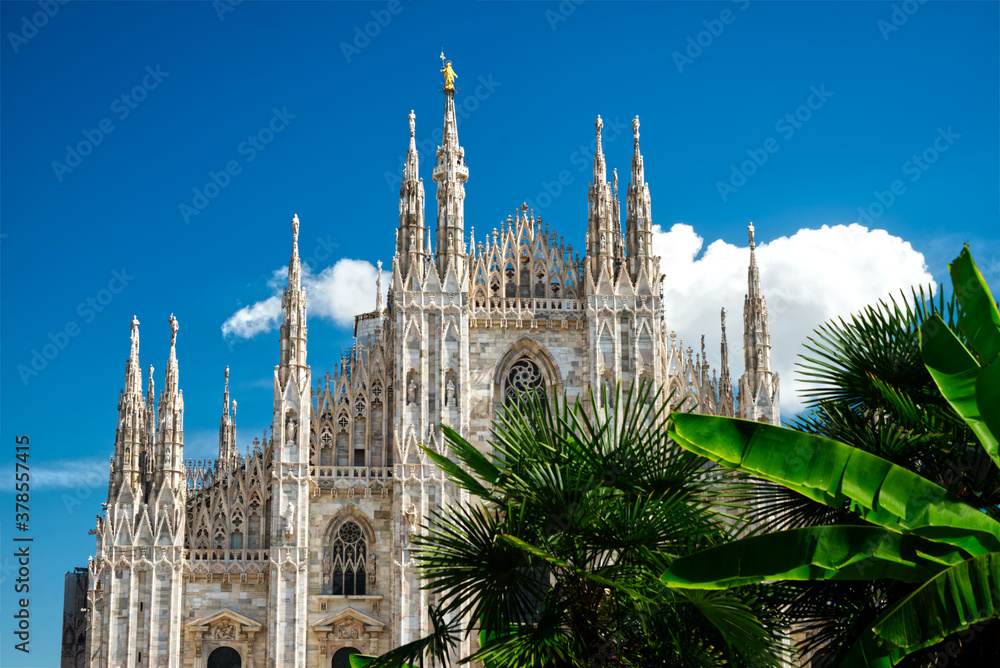 Front of the Milan cathedral gothic architecture outside in Italy Europe