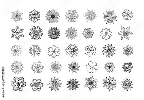 Big collection of line art flowers top view.Graceful thin lines design elements or logo for a fashionable beauty brand.The vector is isolated and easy to edit. Social networks decoration, henna tattoo