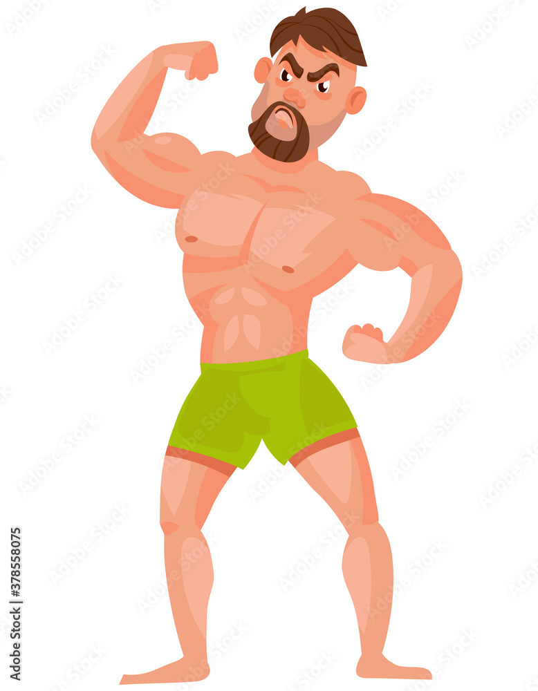 Man showing his muscles. Strong male character in cartoon style.