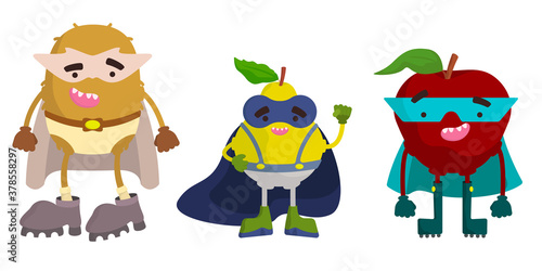 Set of superhero fruits. Kiwi, pear and apple in cartoon style.