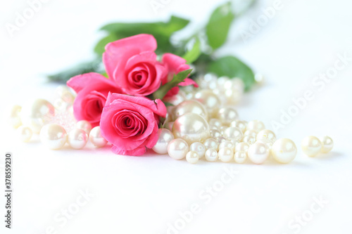 ホットピンクのバラの花束と真珠