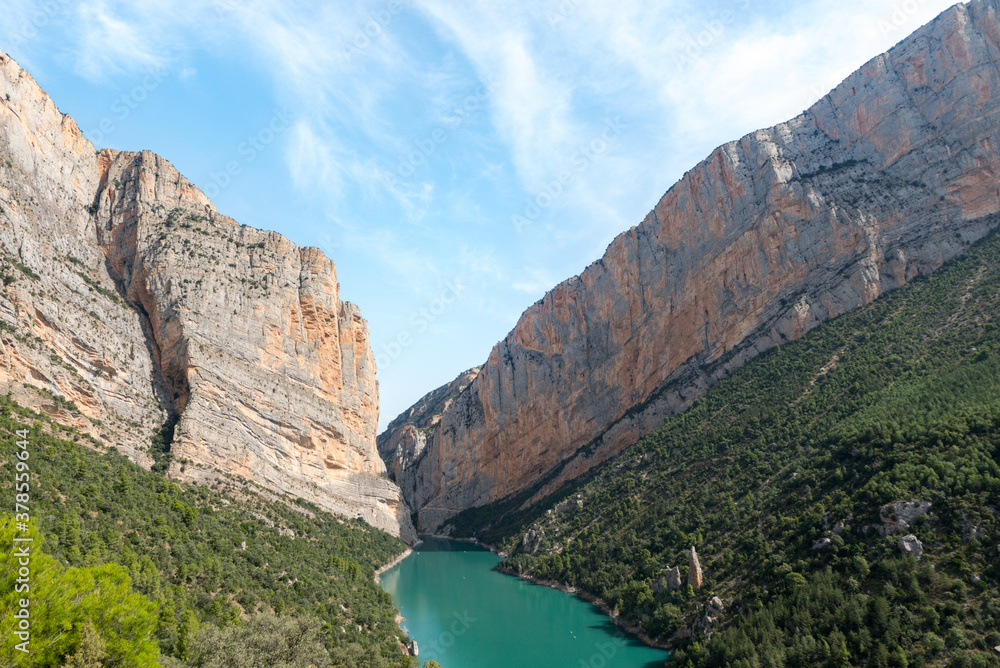 View of the Congost de Mont-rebei gorge in Catalonia, Spain in summer 2020 View of the Congost de Mont-rebei gorge in Catalonia, Spain in summer 2020