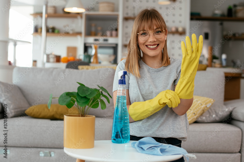 Young attractive woman cleaning home. Young beautiful woman at home..