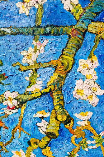 Canvas texture and brush strokes. Details Blooming almond tree. oil painting on canvas