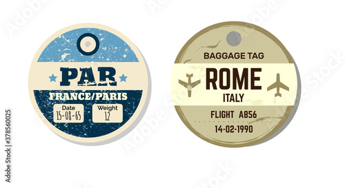 Old vintage luggage tag. Baggage checks or ticket for passenger flight. Baggage ticket for passengers at airport. Grunge passport for stamps tag registered. Paris, France, Rome, Italy country label