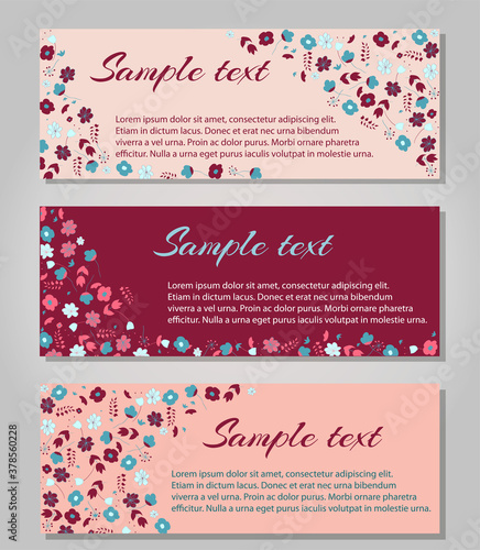 Set template card with flowers in grey and pink colors, vector illustration