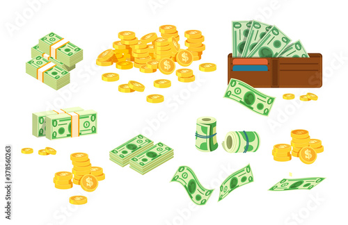 Euro and dollars money banknotes and coins. Bag of gold coins, money tree with bills, suitcase of money and wallet with paper currencies. Colorful flying dollar and euro banknotes with bundles