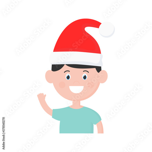 Happy cartoon boy with Santa hat illustration. Cute Christmas child with raised hand vector. Holidays concept isolated on white background. 