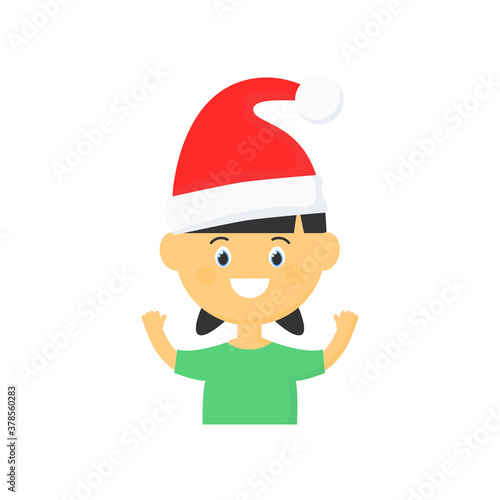 Happy cartoon girl with Santa hat illustration. Cute Christmas child with raised hands vector. Holidays concept isolated on white background. 