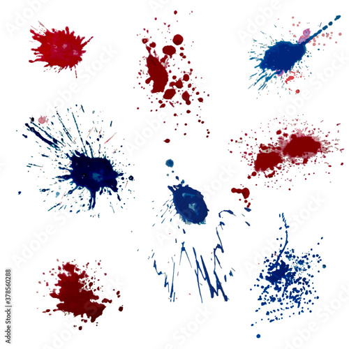 Vector set of blue red ink volume splash, blots Grunge textured element for design, artistic background