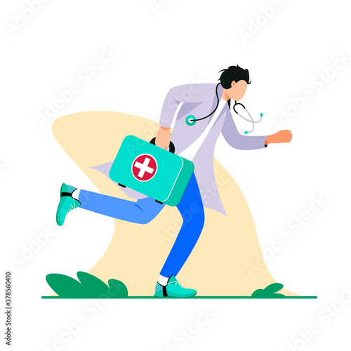 Paramedic with first aid kit running to the rescue flat cartoon illustration. Medical banner. Healthcare design.
