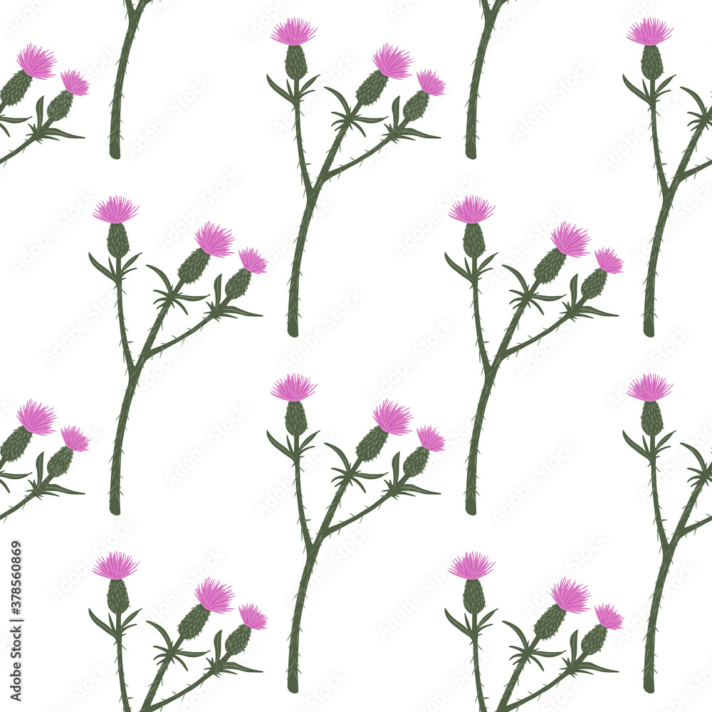 Isolated seamless pattern with burdock branches ornament. Pink flowers on white backhround. Minimalistic floral artwork.