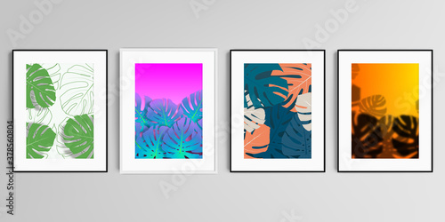 Realistic vector set of picture frames in A4 format isolated on gray background. Tropical palm leaves, shadow of tropical jungle leaves. Floral pattern backgrounds.