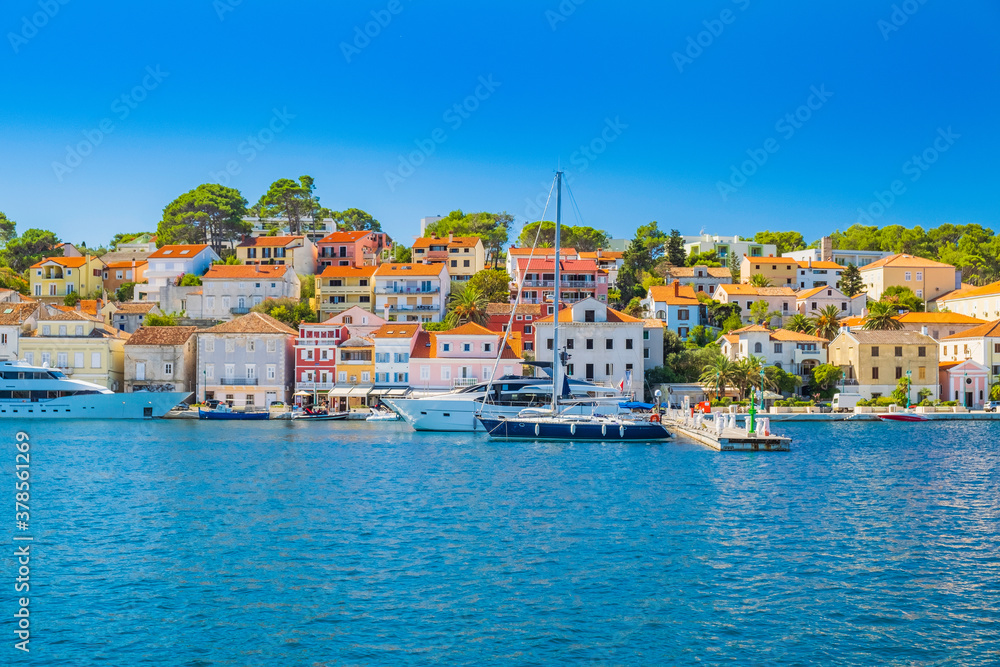 Town of Mali Losinj on the island of Losinj, Adriatic coast in Croatia, popular touristic destination, sailboats in marina