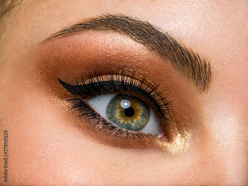 Beautiful female eye with brown, shiny makeup. Fashionable brown makeup. Macro image of a woman's eye.