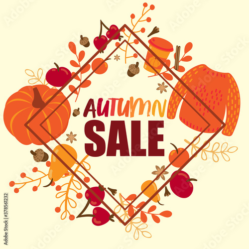 Autumn Sale cute banner flat vector cartoon illustration with fall leaves, autumn typography and Discount Sale text.Knitted sweater,pumpkin, pumpkin latte,cinnamon,apple,acorn,pear,clove,spice,foliage