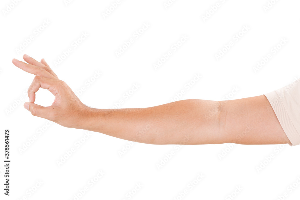 Male asian hand gestures isolated over the white background. Ok Pose.