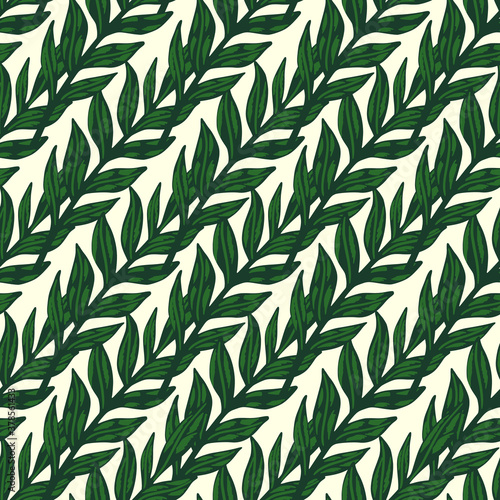 Outline green colored foliage branches seamless doodle pattern. Light pastel background.