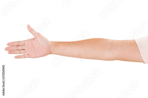 Male asian hand gestures isolated over the white background. Touching Pose.