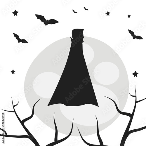 Vampire and bats fly over trees, moon isolated on white background. An invitation to a party in honor of Halloween.