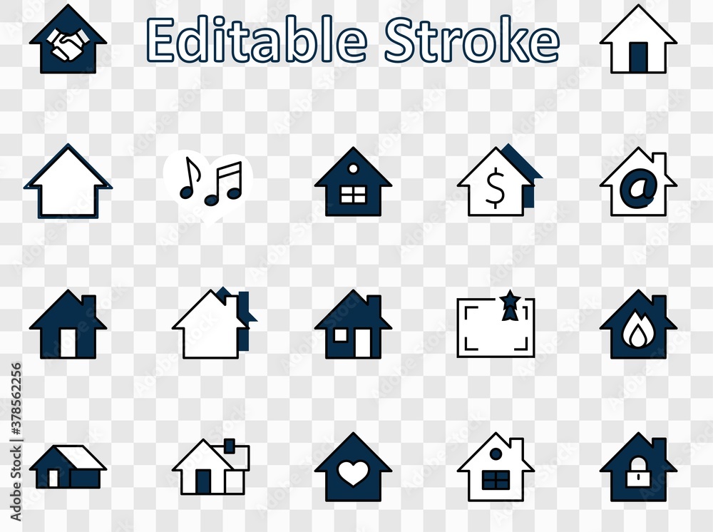 Fototapeta premium Set of House Vector Home Line Icons. Contains symbols of Conclusion of Contract, Heart, Drop of water, fire, money and more. Editable Stroke. 32x32 pixels.