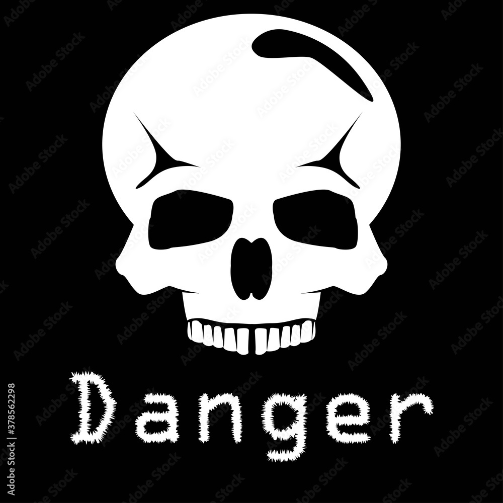 Vector illustration. Isolated white human skull with text on a black background. Design element for poster, banner, clothes. Simple flat style. Vector illustration. Isolated white human skull with text on a black background. Design element for poster, banner, clothes. Simple flat style.