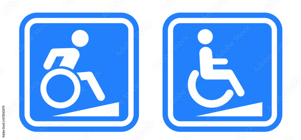 Blue sign wheelchair Wheel chair ramp. Vector handicap ramps signs Safe public transportation Handicapped or accessibility human disabilities sidewalk A access ramp a disabled person can access it Blue sign wheelchair Wheel chair ramp. Vector handicap ramps signs Safe public transportation Handicapped or accessibility human disabilities sidewalk A access ramp a disabled person can access it