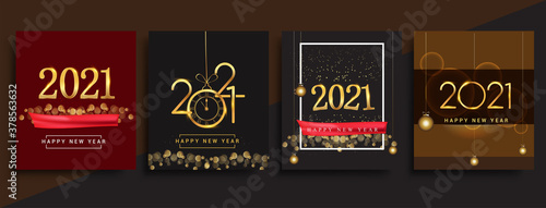 Happy New Year 2021 invitation card with glitter isolated on black background, text design gold colored, vector sets for calendar and greeting card.