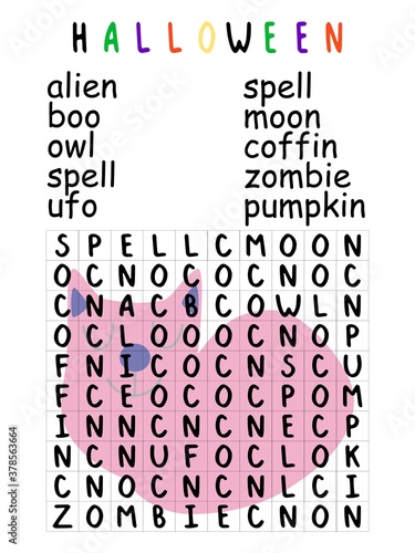 Amusing halloween word search puzzle for kids stock vector illustration. Find and mark all the words on the word search puzzle. Funny vertical printable worksheet for halloween children pastime. photo