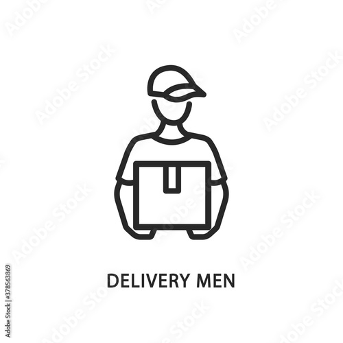 Delivery men line flat icon. Vector illustration a man in a cap holds a box in his hands. Postman. Express delivery to the apartment.