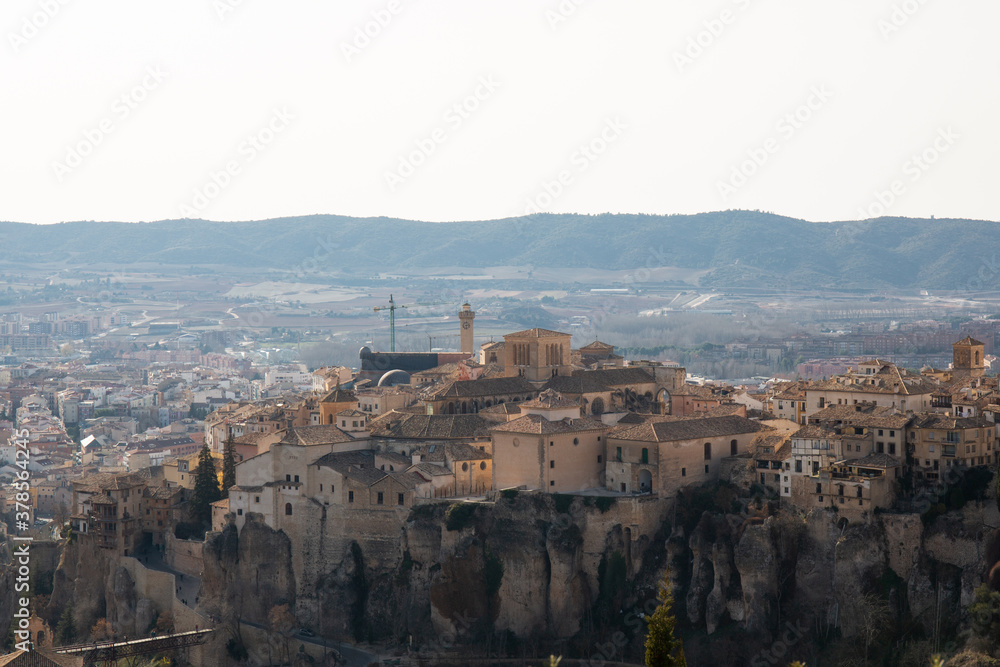 Historic center of the city of Cuenca from the viewpoint of the castle where you can see the hanging houses and the St. Paul bridge. Castilla La Mancha, Spain.