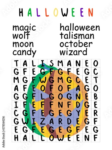 Halloween word search puzzle with pumpkin for kids stock vector illustration. Funny educational game for school and preschool kids autumn season. Vertical printable english workshet with silly pumpkin photo