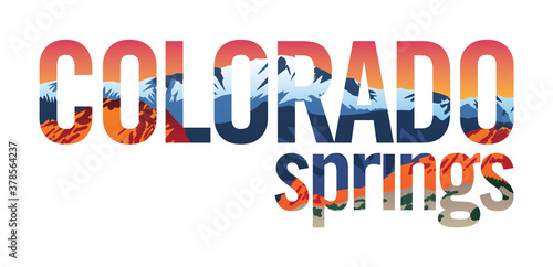 Colorado Springs with Rocky Mountains Pikes Peak and Red Rocks Landscape Scenic Inlay Isolated Vector Illustration 