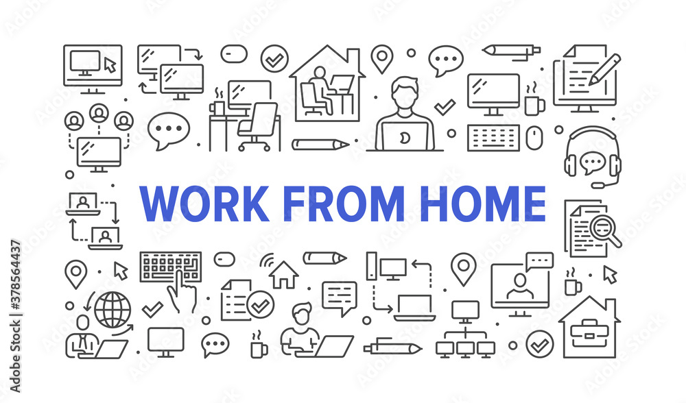 Work from home concept with line icons. Vector horizontal illustration included icon as freelance worker with laptop, workplace, pc monitor, business man outline pictogram for remote job brochure Work from home concept with line icons. Vector horizontal illustration included icon as freelance worker with laptop, workplace, pc monitor, business man outline pictogram for remote job brochure