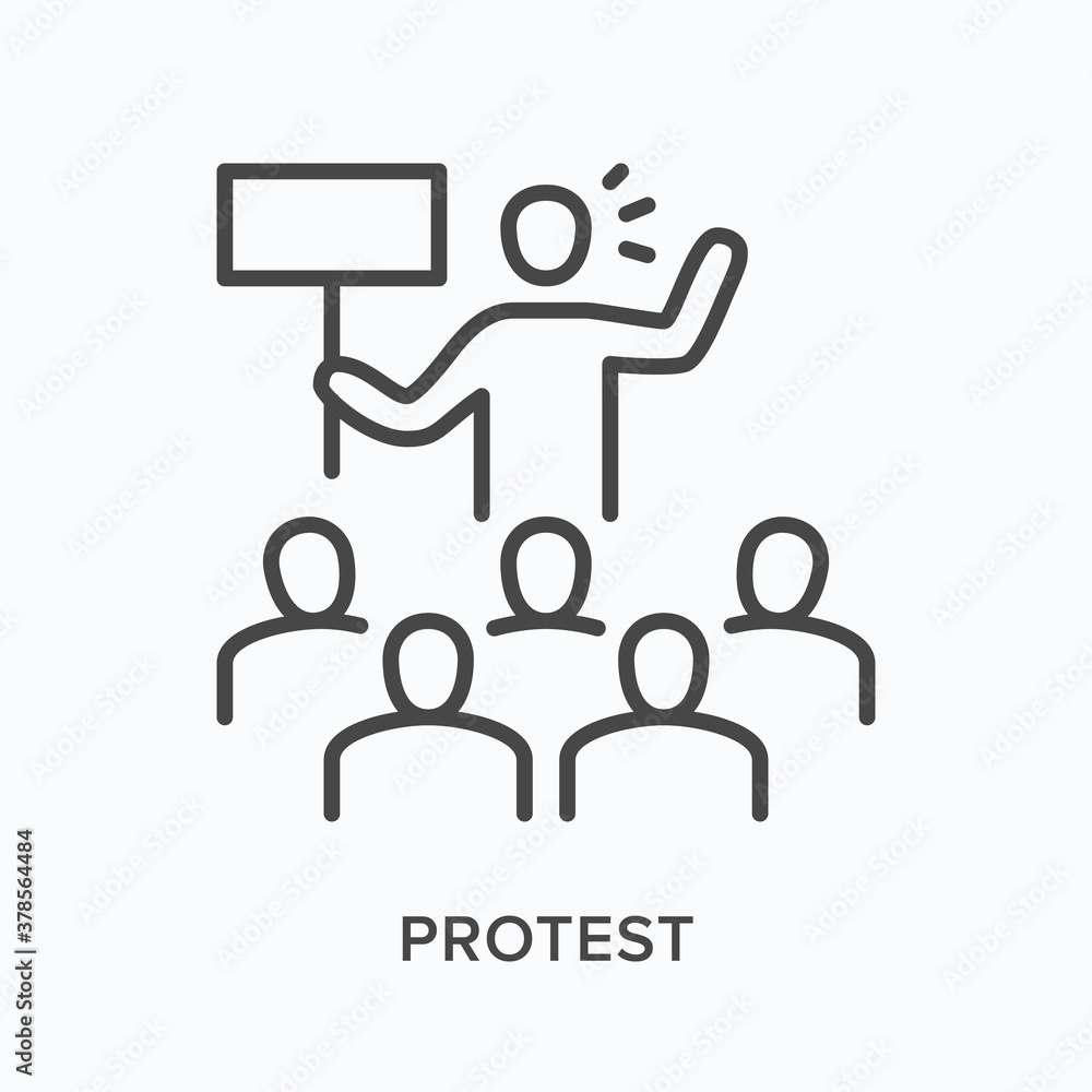 Protest flat line icon. Vector outline illustration of people crowd on demonstration, activist with banner. Strike thin linear pictogram
