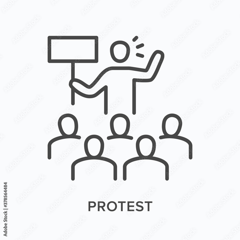 Protest flat line icon. Vector outline illustration of people crowd on demonstration, activist with banner. Strike thin linear pictogram Protest flat line icon. Vector outline illustration of people crowd on demonstration, activist with banner. Strike thin linear pictogram